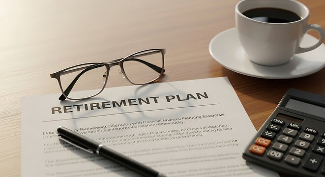 Retirement plan document, glasses, pen, and coffee on a desk, symbolizing financial planning for future endeavors.