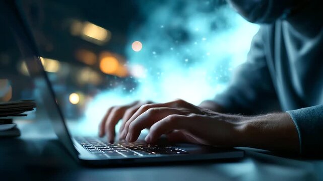 Faceless hacker hands typing on laptop keyboard, computer system hacking operation, mask and pullover wearing, security breach attempt, neon smoke atmospheric background, defocused