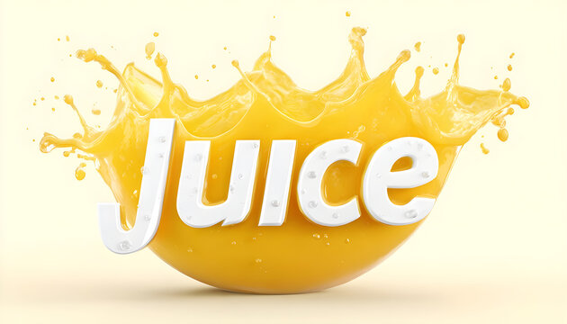 Splash of pineapple, banana or mango juice. Juicy fruity yellow drink with word JUICE capital letters on white background. 3D animation frozen stream of cold liquid and droplets lemonade, ad text.