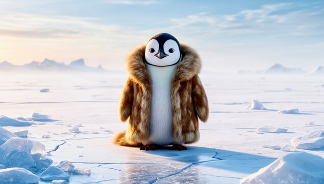 Fur-real Warmth: Penguin&rsquo;s Antarctic Fashion Statement Wearing a Warm Fur Coat in a frozen icy land ❄️🐧