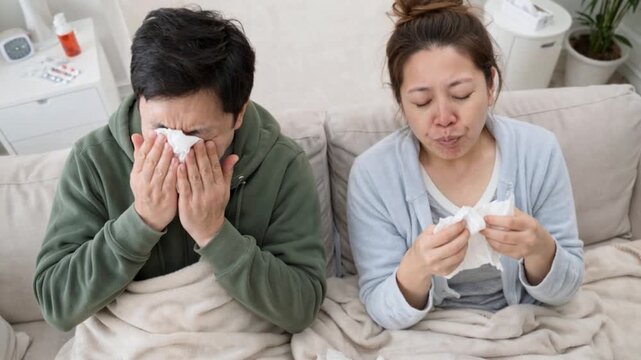 Young couple blowing their nose in tissue at home.
