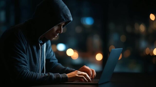 Faceless hooded hacker performing security breach, system vulnerability exploitation, digital crime operation, unauthorized access scenario, cybersecurity threat display, defocused