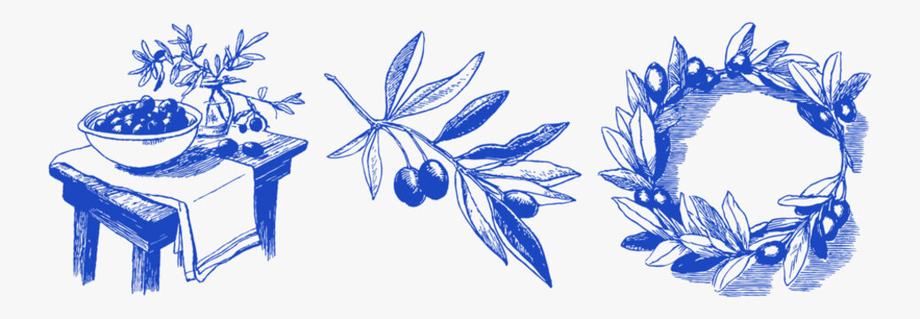 Olive bowl still life table branch blue drawing. Hand sketched mediterranean kitchen composition with fruit and leaves. Cozy italian food illustration elements.