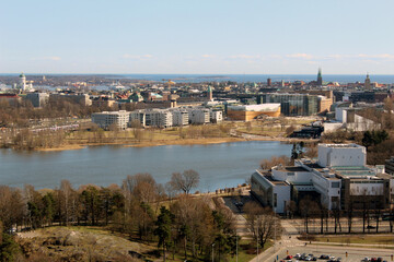 Fototapeta premium Aerial View of Helsinki Waterfront Cityscape with Modern Buildings and Park