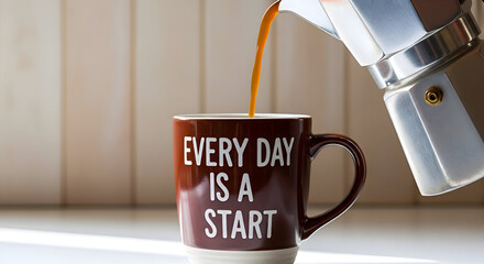 Fototapeta premium Freshly brewed hot coffee is poured from a moka pot into a brown mug with the inspiring quote 
