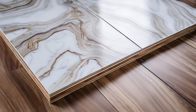 Closeup Of White Marble Effect Laminate Flooring Plank Edge