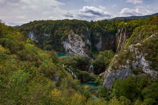 Aerial Panorama View of Plitvice Lakes National Park and Waterfalls - Croatia