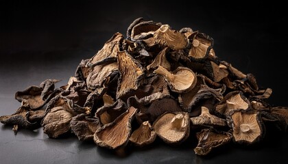 A Dark Textured Mound Of Dried Curly Mushroom Pieces