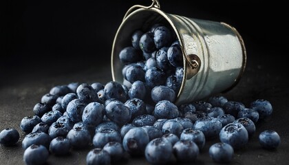 Blueberries Overflowing From Rustic Tin Cup On Dark Background