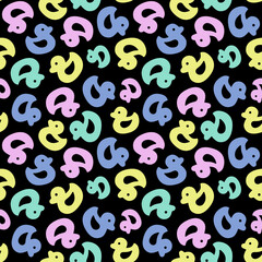 Seamless pattern of cute yellow rubber ducks on a light blue background. Minimalist nursery wallpaper design with floating bath toys, perfect for baby shower decor, textile print, and kid wrapping.