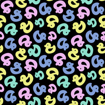 Seamless pattern of cute yellow rubber ducks on a light blue background. Minimalist nursery wallpaper design with floating bath toys, perfect for baby shower decor, textile print, and kid wrapping.