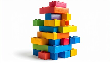 Obraz premium Colorful tower built from interlocking LEGO-style blocks with multiple layers and platforms