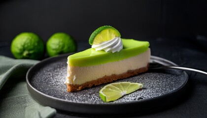 Fresh Lime Cheesecake Slice With Glossy Green Citrus Glaze And Cream Topping On Dark Plate In Modern Food Photography Style