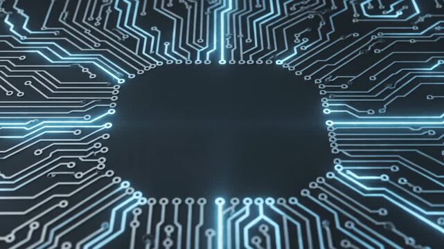 Abstract circuit board technology with glowing blue lines outlining microchip. Digital circuit design features intricate connections and patterns, creating a modern technological atmosphere.