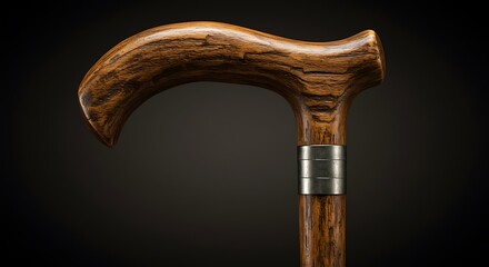 Elegant curved wooden walking cane with metal ferrule against dark studio background