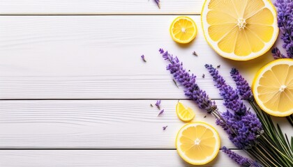 Lemon Slices And Lavender Flowers Flat Lay On White Wood With Copy Space Banner For Spa Wellness Modern Minimalist Design