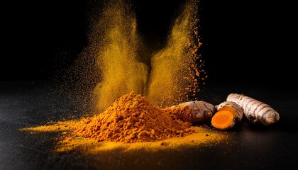 Exploding Turmeric Root And Slices With Powder Against Black Background