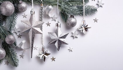 Silver Christmas Ornaments With Glitter Stars And Icicle Decorations On White Background
