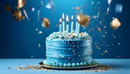 Delicious Blue Birthday Cake With Lit Candles And Falling Confetti On Blue Background