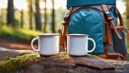 Two White Mugs With Cocoa In Closeup On A Tree Stump In A Forest Camp On The Background Of A Hiking Backpack