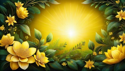 An Elegant Digital Illustration Featuring A Vibrant Yellow Floral Border With Lush Greenery Surrounding A Soft Glowing Center
