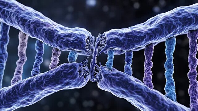 CGI Depiction of Fragile X Syndrome Genetic Mutation on Dark Background with Blue and Purple Tint Scientific