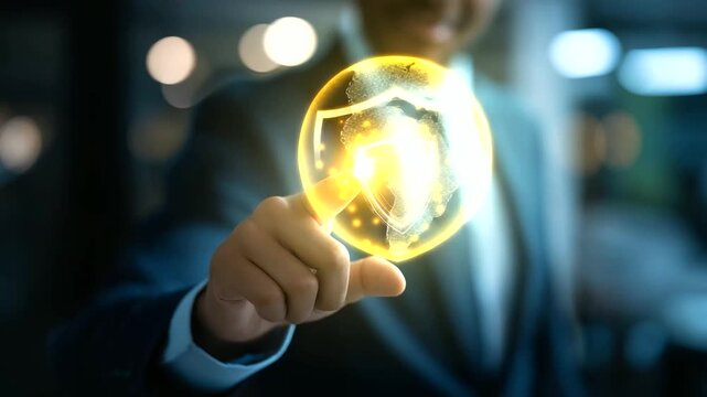 Metaverse cybersecurity cybercrime visualization, faceless businessman interface, crypto currency protection, digital network technology, virus attack shield, defocused digital dis