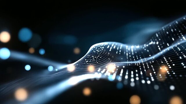 Data protection regulation visualization, bits and bytes wave ripples, privacy compliance display, information security concept, regulatory framework representation, defocused digi