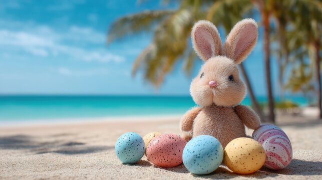 Plush bunny with colorful easter eggs on tropical beach with palm trees and ocean.