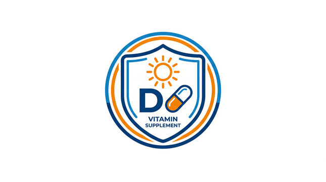 Vitamin D Immunity Support Icon Logo Badge Sticker with Shield, Sun, and Pill Design