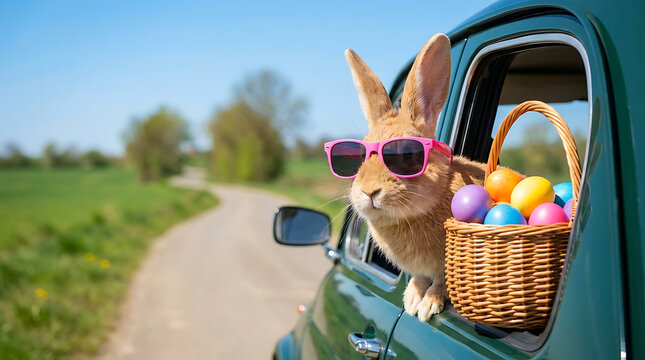 Cool Easter bunny with sunglasses and basket of eggs rides in car on a sunny road trip