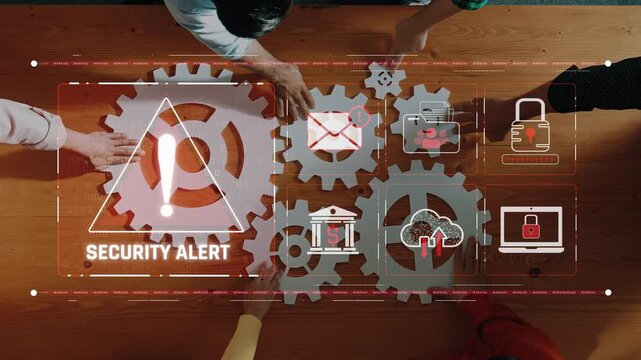 A dynamic scene showcasing hands engaged in a collaborative effort on a security alert system, emphasizing teamwork and the importance of cybersecurity measures in a modern workspace. Raster