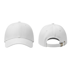 Fototapeta premium Pair of white baseball caps shown from front and back view for fashion and accessory presentation on transparent background