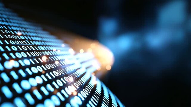 Binary code data bit screen display, laptop computer matrix, data flow visualization, big data age concept, artificial intelligence transfer, defocused blue light background, with