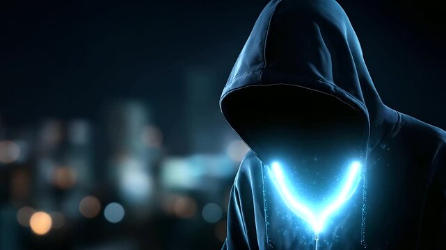 Faceless hooded hacker data breach concept, cybersecurity threat scenario, information security compromise, digital crime visualization, anonymous attacker representation, defocuse