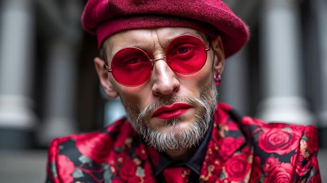 A man wearing a red hat and red sunglasses