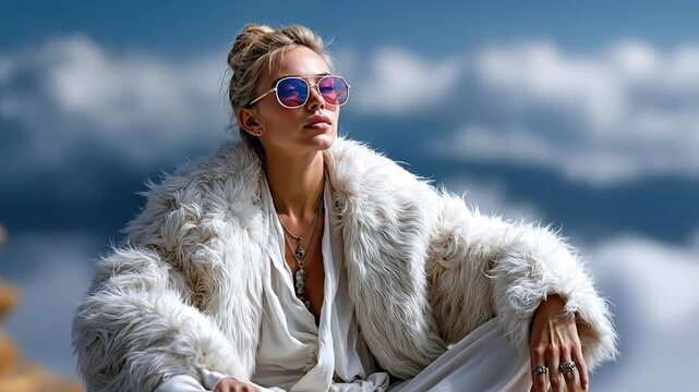 A woman sitting on top of a building wearing a white fur coat
