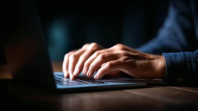 Faceless hands of person hacking on laptop, darkness environment operation, cyber crime concept scenario, malicious activity display, unauthorized access visualization, defocused d