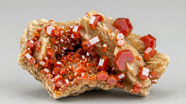 Bright orange, short-prismatic hexagonal vanadinite crystals form a dense druse on a light-brown barite matrix.
