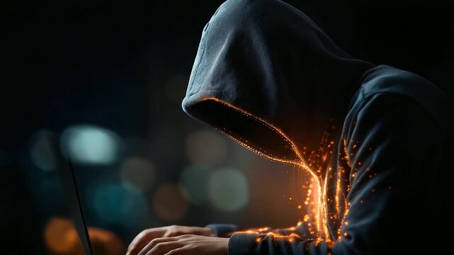 Faceless hooded hacker cybersecurity concept, system breach scenario, digital crime visualization, anonymous threat actor, malicious activity representation, defocused dark backgro