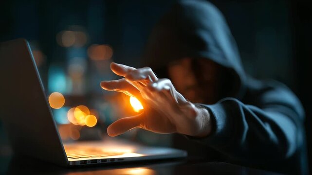Faceless malicious hacker prepared to steal data, cybersecurity concept threat, information breach scenario, digital crime preparation, attack planning visualization, defocused dar