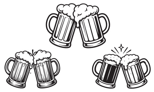 Clinking beer mugs set: Black and white vintage engraving style toast