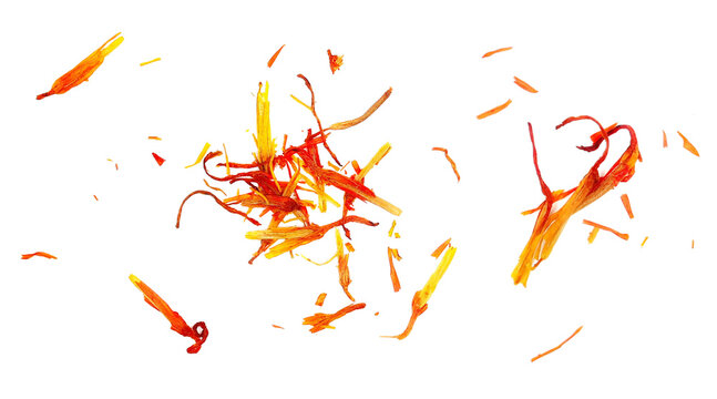 Closeup safflower dry petals isolated on white background, clipping path	