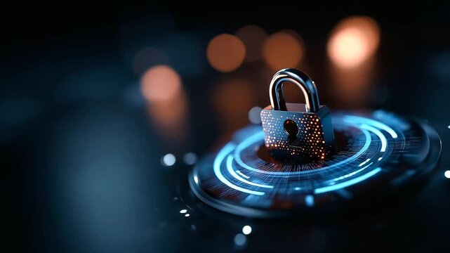 Hacker attack and data breach visualization, information leak concept display, futuristic cyber background, broken lock symbol, security compromise representation, defocused digita