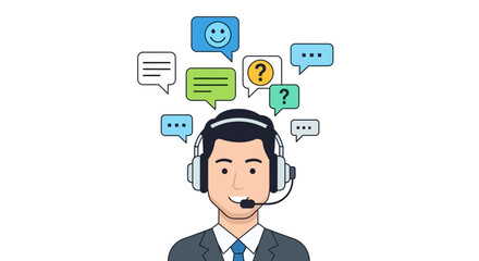 Friendly male customer service agent wearing a headset surrounded by various colorful chat and question speech bubbles effectively representing communication.