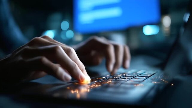 Faceless cyber security engineer hands typing keyboard, network protection work, cyberattack prevention operation, online privacy access, personal data protection task, defocused c