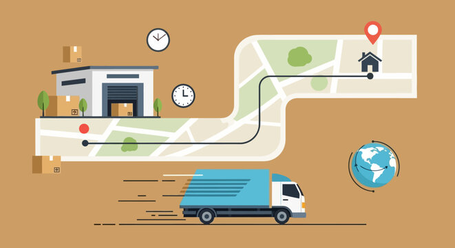 Illustrated concept graphic depicting fast truck delivery logistics route planning from a warehouse directly to the customer's home location.