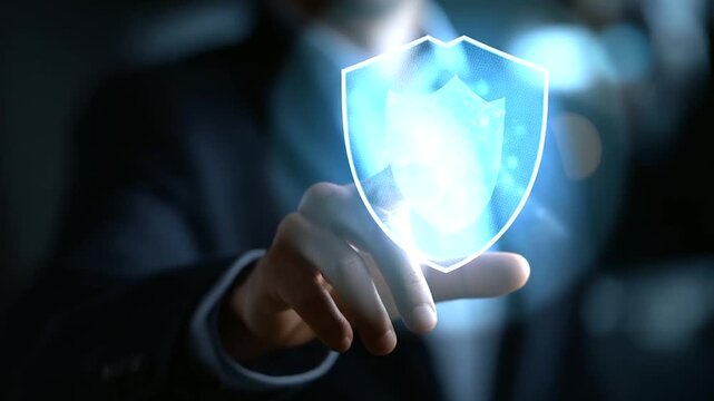 Metaverse cybersecurity cybercrime visualization, faceless businessman interface, crypto currency protection, digital network technology, virus attack shield, defocused digital dis