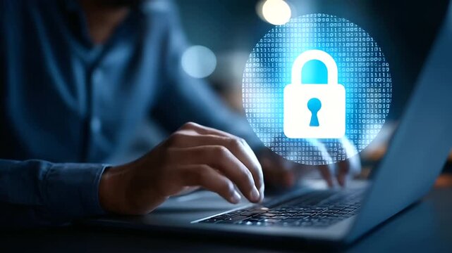 Faceless man hands working on laptop, advanced cyber security shield, sensitive data protection, digital environment securing, potential threats prevention, defocused workspace bac