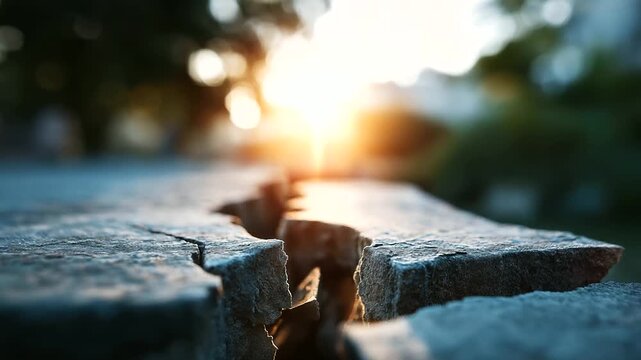 Broken trust illustrated with cracked concrete, damaged relationship visualization, security breach metaphor, compromised integrity display, trust violation representation, defocus